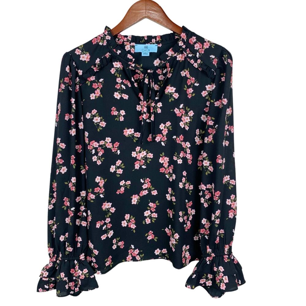 CeCe Black Floral Ruffle Neck Long Sleeve Blouse